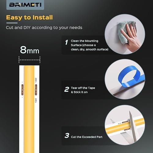 BRIMETI Striscia LED COB 12V 5M Luce LED Tubo Interno Autoadesivo 6000K Bianco Freddo 320LEDs/M Strisce Nastro Nastri Larghezza 8mm, per Cucina, Soggiorno, Bar Feste (Senza Alimentatore) thumbnail 6