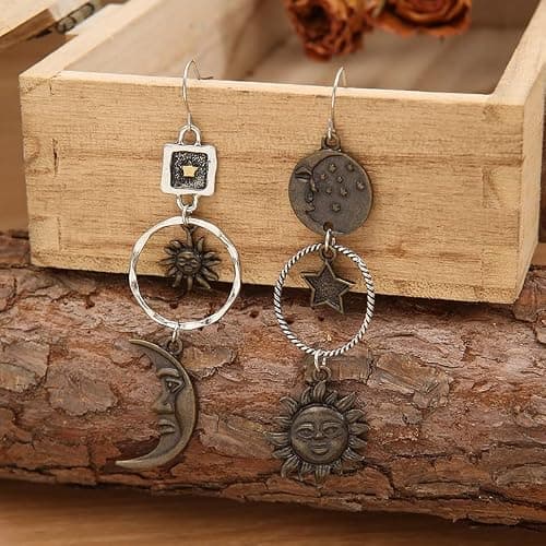 Vintage Sun Moon Star Dangle Earrings for Women, Greek Mythology Asymmetric Drop Earrings (Gold) thumbnail 7