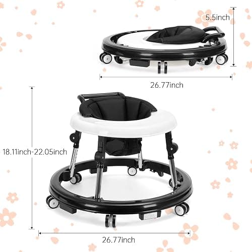 Baby Walker Foldable with 9 Adjustable Heights, Baby Walker with Wheels Portable, Infant Toddler Walker for Baby Boy Girls 6-18 Months (Black) thumbnail 2