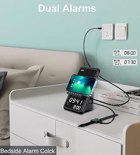 AFK Wireless Charging Station with Bluetooth Speaker and Alarm Clock,Wireless Charger Compatible with iPhone,Android Phones(Black) thumbnail 5