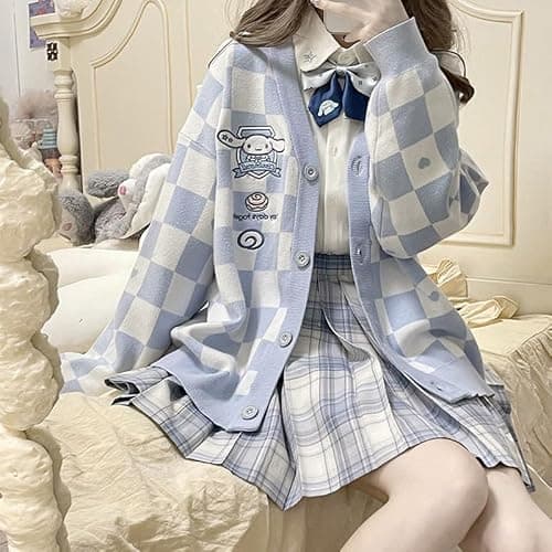 Kawaii Sweater Anime Plaid Cardigan Sweaters Cardigan for Women Cosplay Costume V Neck Long Sleeve thumbnail 2