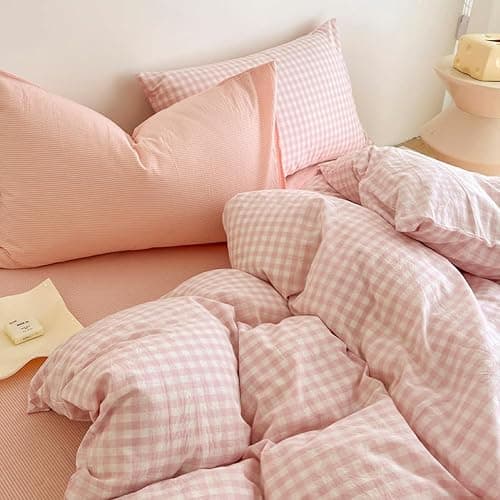 Covebett Duvet Cover Single Pink White Grid Washed Microfiber Bedding Set Cute Girls Women Checked Plaid Quilt Cover 135x200 Zipper Closure and 1 Pillowcase 50x75cm thumbnail 6