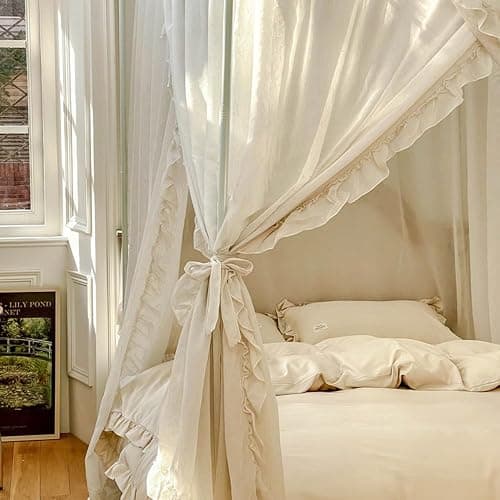 Mengersi Canopy Bed Curtains,Linen Bed Canopy Curtains 4 Corner Bed Drapes Canopy Curtains for Bedroom Decor (Ivory,Queen) thumbnail 7