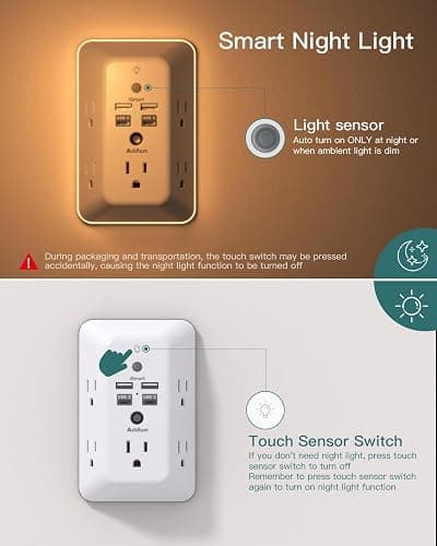 Surge Protector, Outlet Extender with Night Light, Addtam 5-Outlet Splitter and 4 USB Ports(PD 20W), Multi Plug Wall Outlet Power Strip for Home Office Dorm Room Essentials thumbnail 4