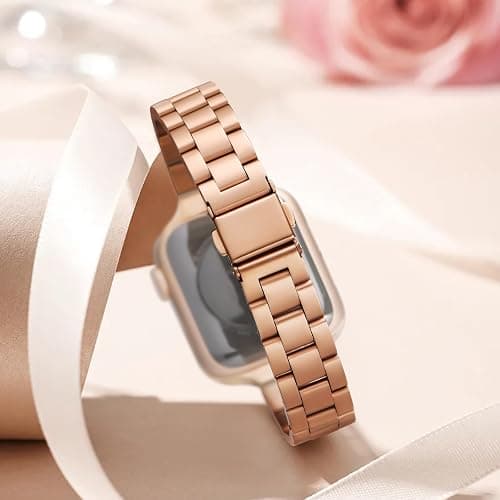 OMIU Thin Band Compatible with Apple Watch 40mm 38mm 41mm 42mm 44mm 45mm 49mm, Premium Stainless Steel Metal Replacement Adjustable Wristband Strap for iWatch Ultra SE Series 9/8/7/6/5/4/3/2/1 Women thumbnail 2