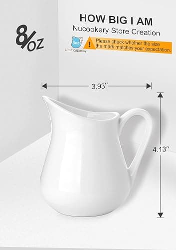 Nucookery 8 Oz Classic White Fine Porcelain Creamer with Handle,Small Creamer Pitcher For Sauces Salad Coffee Milk More,Microwave & Freezer Safe (8-Ounce, Set/1) thumbnail 3