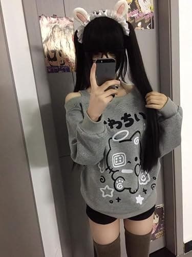 GOTHPICKUS Y2K Off Shoulder Kawaii Cute Graphic Sweatshirt Casual Long Sleeves Hrajuku Tops Cat Print Pullover Sweatshirts thumbnail 6