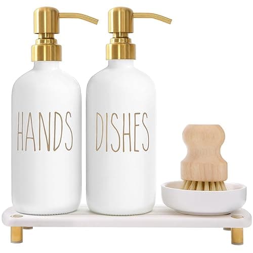 MOMEEMO Gold Soap Dispenser Set Comes with Stainless Steel Pumps, Instant Dry Tray, and Dish Scrub Brush, Suitable for Kitchen Decor and Accessories. (Gold) - Gold1