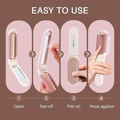 RHOS Folding Brush with Mirror for Women, Girls - Mini Hair Brush for Purse, Small Pocket Brush with Soft Nylon Bristles and Mirror for Travel (Beige) thumbnail 5