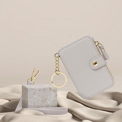 M-Plateau Wallet, Womens card Holder Leather Keychain Wallet With Zipper Coin Pocket ID Window Wrist Strap Gift Box (Beige) thumbnail 8