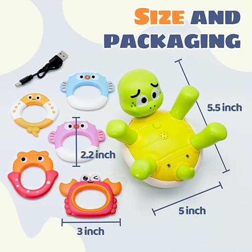 Sizobi Baby Bath Toys, Rechargeable Turtle Bath Toy Sprinkler for Kids Toddler with 5 Rings, Bathtub Fountain Spray Toy for Baby, Mold Free Bath Toys for Kids Ages 1-3 4 5 6 Year Old Girl Boys Gifts - 5 rings thumbnail 3