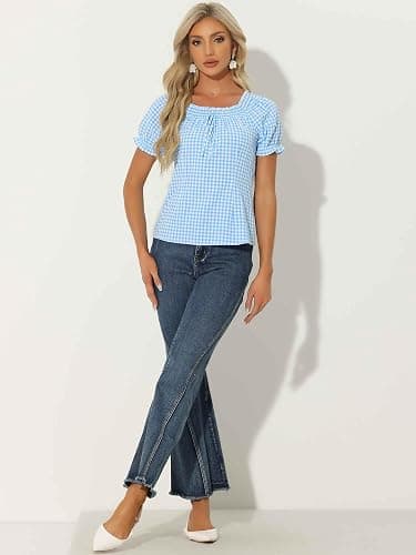 Allegra K Summer Gingham Tops for Women's Plaid Peasant Round Neck Ruffles Cute Puff Sleeve Tops thumbnail 3