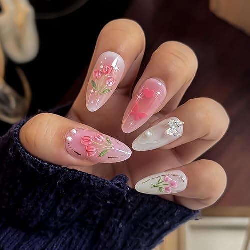 10Pcs Handmade Press on Nails Medium Almond Fake Nails Pink Rose Bow Rhinestones with Heart Charms Glitter Designs Full Cover Gradient Pink Glue on Nails Cute False Nails for Women Girls Acrylic Nails thumbnail 4