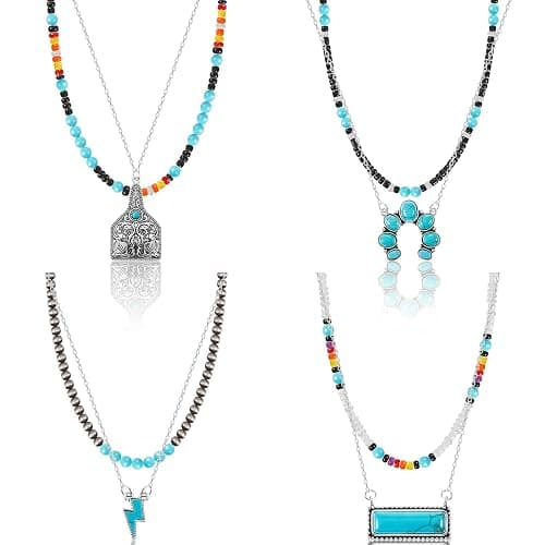 Huquary 8 Pcs Western Necklaces Western Jewelry for Women Turquoise 4 Turquoise Boho Necklaces and 4 Beaded Choker for Christmas - Image 1