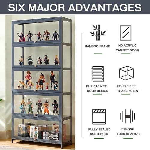 Display Cabinet with Acrylic Glass Doors, 5-Tier Transparent Bamboo Curio Display Case for Figures, Display Shelves for Collectibles & Kids Bookcase for Home, Office, Playroom, Living Room - Grey-flip Door thumbnail 5