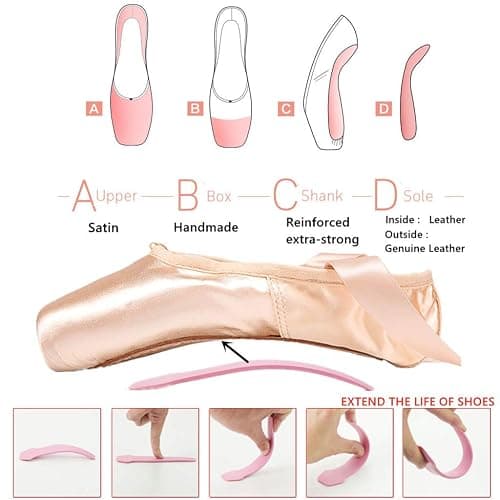 Nexete Professional Vanassa Ballet Pointe Shoes Satin Dance Slipper Flats with Toe Pad & Ribbon,Leather Sole,Resilient Shank Able to Reach Full Pointe for Girl Women thumbnail 2