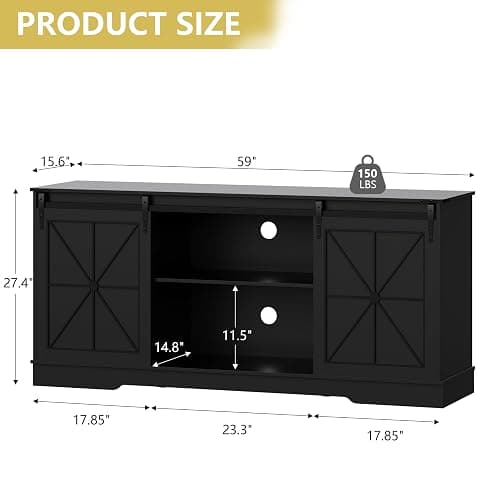 Farmhouse TV Stand for 65/60/55 Inch Tvs, Rustic Entertainment Center with Storage Cabinets & Sliding Barn Doors, Modern Media Console Table, Wood Television Furniture for Living Room, Bedroom, Black thumbnail 2