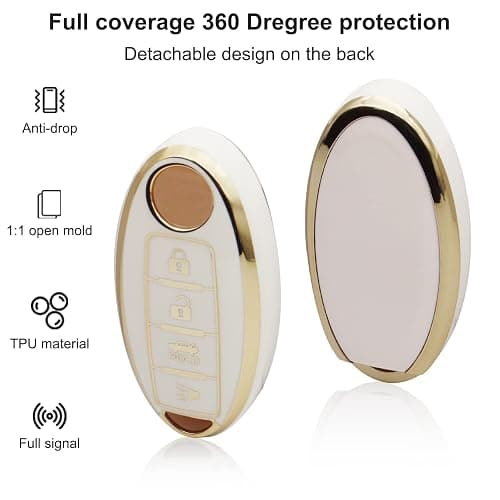 SUNCARACCL for Nissan Key Fob Cover with Leather Keychain, Soft TPU Full Protection Key Case Shell for Nissan Altima Maxima Rogue Armada Pathfinder Smart Key 4 Buttons (White) thumbnail 7