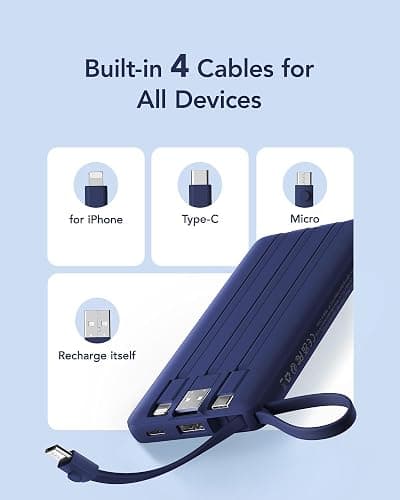 VRURC Portable Charger Buile-in 4 Cables 10000mAh, SlimPower Bank, 5 Output 2 Input Battery Pack, Built-in Micro & USB C Cables Compatible with iPhone 17,Samsung,Android-Navy Blue(1 Pack) thumbnail 3