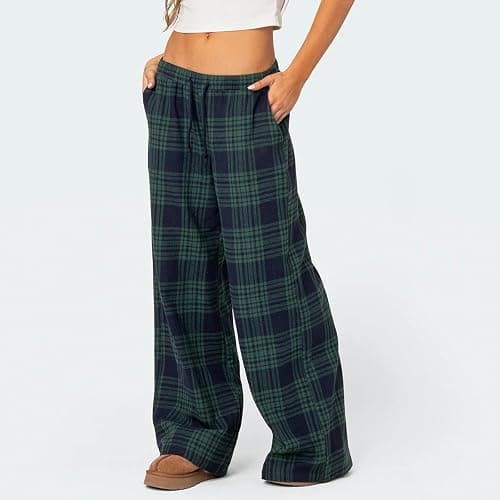 Women Christmas Pajamas Pants Plaid Wide Leg Lounge PJ Bottoms Low Rise Drawstring Pajama Bottom Pants Sleepwear thumbnail 5