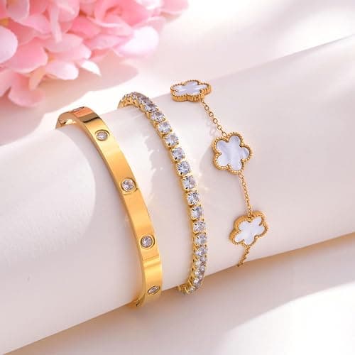 Womens Stackable Floral Gold Bracelets - 3Pcs 18K Gold Plated Bracelet,Stainless Steel Bangle Bracelets Non Tarnish, Gold Bracelet Set Trendy Jewelry,Christmas Valentines Birthday Gifts for Girlfriend thumbnail 4