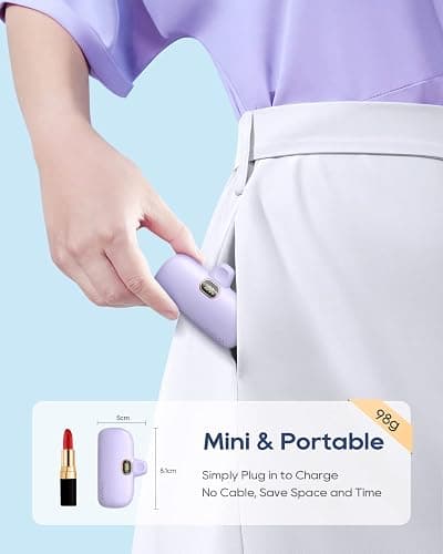 Kuulaa Portable Charger USB C with Built-in USB-C Plug, 5000mAh PD20W Fast Charging Power Bank, LCD Digital Display Battery Pack for iPhone 15/16,Samsung S22/S23 & Android (Purple) thumbnail 3