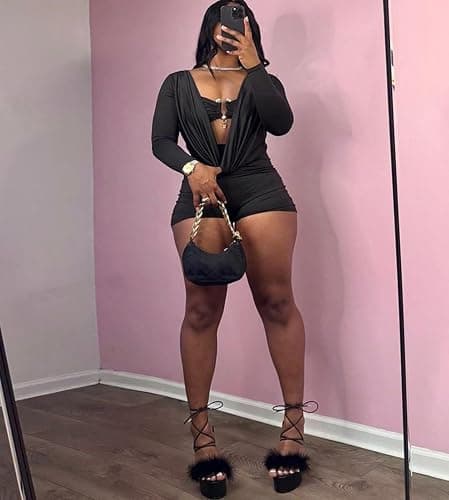 LXUAMR Jumpsuits for Women Sexy Deep V Neck Long Sleeve Romper Solid Color Bodycon Shorts Jumpsuit Going Out Outfits thumbnail 4