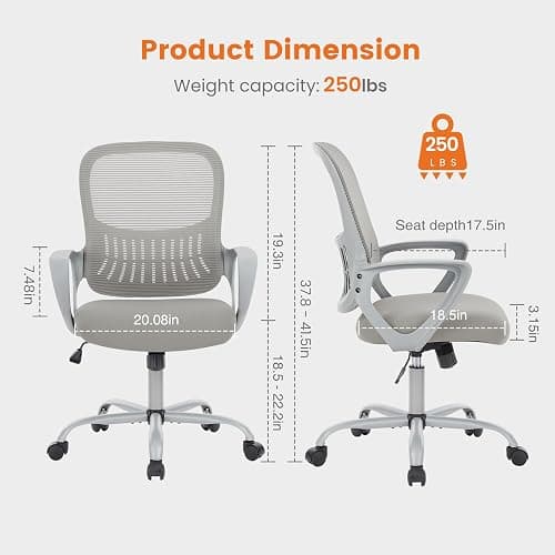 Sweetcrispy Office Computer Desk Managerial Executive Chair, Ergonomic Mid-Back Mesh Rolling Work Swivel Chairs with Wheels, Comfortable Lumbar Support, Comfy Arms for Home,Bedroom,Study,Student,Grey thumbnail 3