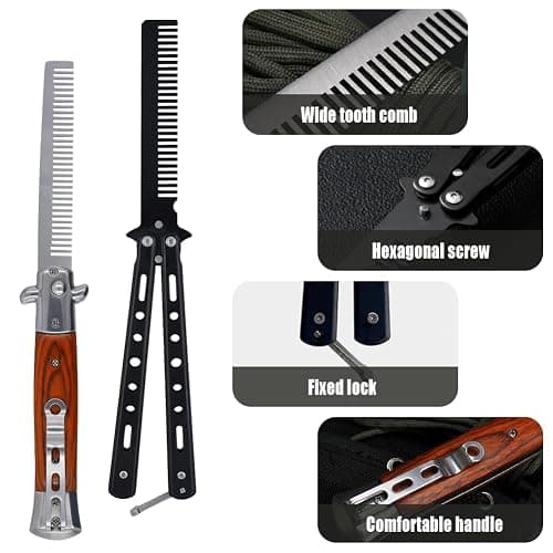 2 Pieces Automatic Switch Folding Practice Combs, Stainless Steel Butterfly Comb, Switchblade Comb, Outdoor Training Pocket Combs, Hair Brush for Beard, Mustache, Hair Styling Tools thumbnail 3