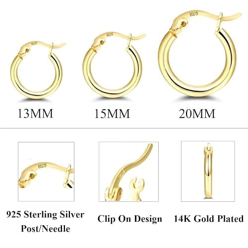 14K Gold Plated Hoop Earrings for Women, 4 Pairs Sterling Silver Post Small Hoops, Gold Huggie Earrings Set for Women Men (13mm 15mm 20mm 25mm) thumbnail 5