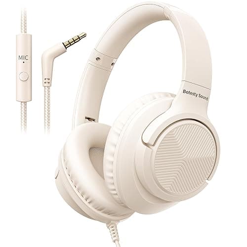 Botesty Sound Headphones Wired with Microphone, Over Ear Foldable 3.5mm Plug in Headphones Corded with 4.9ft Tangle-Free Nylon Cord for Tablet, Laptop, MP3/4, School, Airplane Travel (Beige) - Image 1