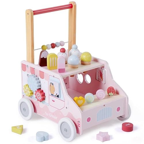 labebe Wooden Baby Walker, Push Activity Walker for Kids 12M+, Multifunctional Ice Cream Cart Activity, Adjustable Speed Learning Walking with Wheels, Birthday Gift for Girls Boys Ages 1-3 (Pink) - Image 1
