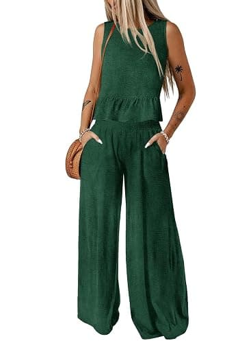 Dokotoo Pants Sets Women 2 Piece Outfits Sleeveless Round Neck Tank Tops Matching Sets for Women Elastic Waist Wide Leg - Image 1
