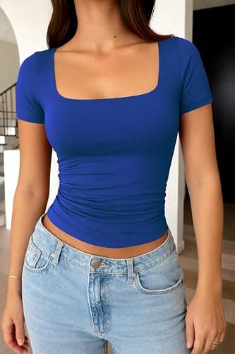 ForeFair Square Neck Top for Women - Going Out Summer Cute Short Sleeve Shirt Basic Ruched thumbnail 4
