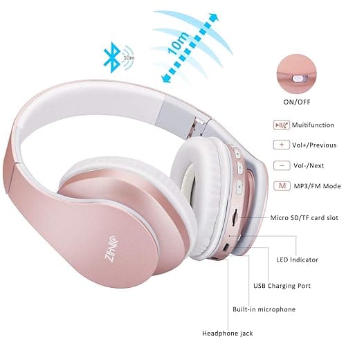 ZIHNIC Bluetooth Headphones Over-Ear, Foldable Wireless and Wired Stereo Headset Micro SD/TF, FM for Cell Phone,PC,Soft Earmuffs &Light Weight for Prolonged Wearing(Rose Gold) thumbnail 6