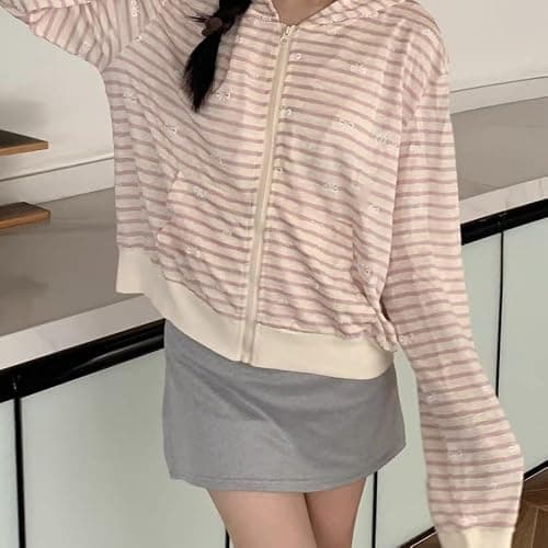 MANGMAO Striped Cute Hoodies Teen Girls Y2k Cutecore Sweater Kawaii Lightweight Zip Up Hoodie Fairy Grunge Clothes thumbnail 5