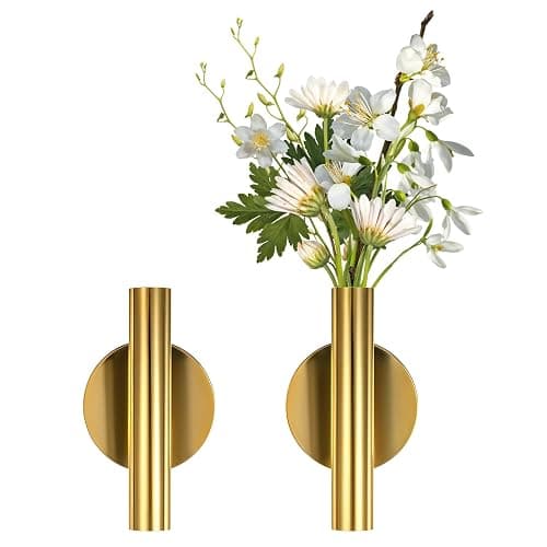 2 PCS Wall Vases for Flowers, Gold Flower Vase Metal Hanging Plant Holder Small Gold Vase Flowers Tube Wall Planter Hanging Vase for Modern Home Decor Display Dried Faux Flower Fake Flower - Image 1