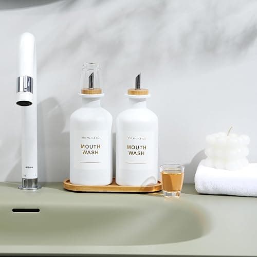BONLONG 11.8OZ Mouthwash Dispenser for Bathroom with Bamboo & Stainless Steel Pour Spout, Mouthwash Cups Reusable, Bamboo Tray, and Elegant Gold Label. Set of 2（White thumbnail 6