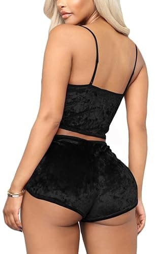 Angsuttc Women's Velvet 2 Piece Outfit Spaghetti Strap Crop Top Shorts Pajamas Set Sleepwear Nightwear thumbnail 4