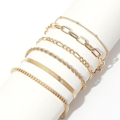 6-stückiges Set goldfarbene 14K Edelstahlarmbänder für Frauen - Charm-Armbänder, wasserdicht, hochwertiger Schmuck thumbnail 3