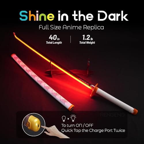 RENGENG Light Up Sword, 40 Inches Rechargeable Pre-Assembled Plastic Anime Replica with Belt & Stand, Original Texture Anime Sword thumbnail 2