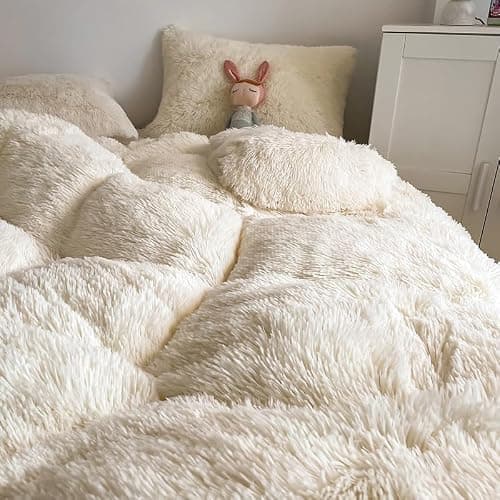 chovy Kids Girls Faux Fur White Comforter Sets Twin/Full - 3PC Bed Set Skin Friendly Soft Warm Comfortable Classical Rabbit Plush Velvet Flannel Fluffy Fuzzy Bedding（Comforter x 1 Pillowcases x 2） thumbnail 7