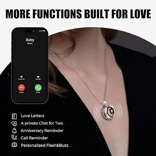 TOTWOO Long Distance Touch Necklace| Vibration & Light Up Smart Necklace for Long Distance Relationship Gifts (Black Rose Gold) Couples Necklace with Natural Agate Gift for Her and Him - Black&Silver thumbnail 3