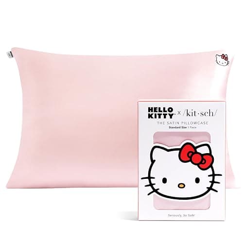 Kitsch x Hello Kitty Pillow Case – Solid Pink Kitty Face Toddler Bed Time Satin Pillowcase with Zipper – Soft Cooling Pillow Cover for Hair & Skin – Better Than Silk Pillowcase – Queen/Standard 19x26 - Image 1