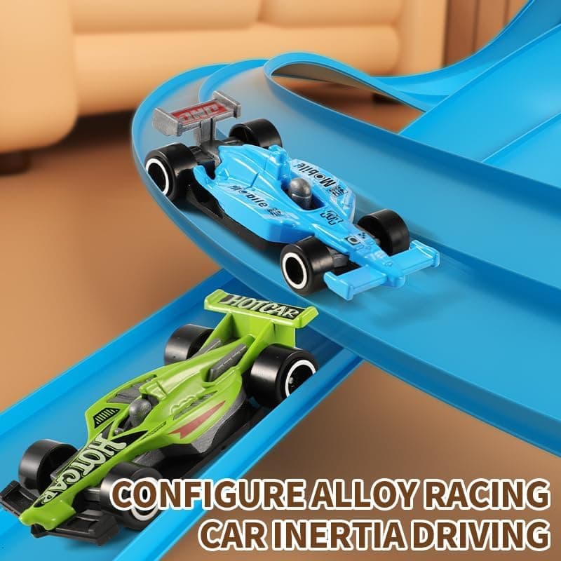 Flexible Race Car Track,16 Ft/5M Portable Dual Sided Racetrack with 4 Car & Suction Cups, Compatible with Hot Wheels & 1/64 Diecast Cars, Classic Long Rolls Up Race Track for Boys Girls (Blue) thumbnail 3
