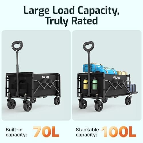 Golabs Collapsible Wagon Cart Max 350lb Load & Expandable Storage 100L, Double Bearing Design for Flexible Steering, Foldable Heavy Duty Garden Cart with 2 Cup Holders for Groceries, Garden & Camping thumbnail 4