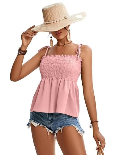 LYANER Women's Cute Summer Tops Tie Shoulder Shirred Ruffle Hem Sleeveless Sexy Cami Blouse Peplum Top thumbnail 3