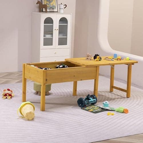 BIRASIL Wooden Kids Sensory Tables with Folding Lid, Activity Table for Children, Elevated Play Tables with Storage for Indoor Outdoor, Yellow thumbnail 7
