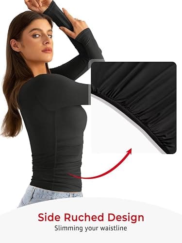 EasyGala Womens Double Lined Long Sleeve Shirts Crewneck Ruched Top Tight Fitted Basic Tee Fall Going Out Outfits 2026 thumbnail 3