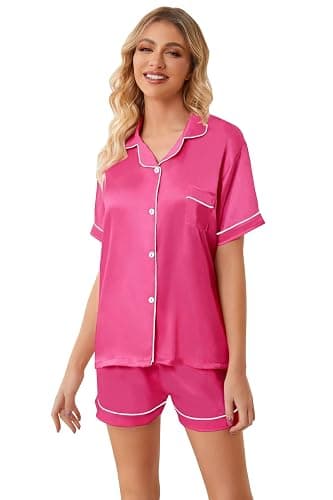 Umeyda Women & Girls Pajamas Set, Soft Satin Lightweight Silk Button-Down Top with Shorts 2 Piece PJS for Mom Boys Kids Gifts thumbnail 5